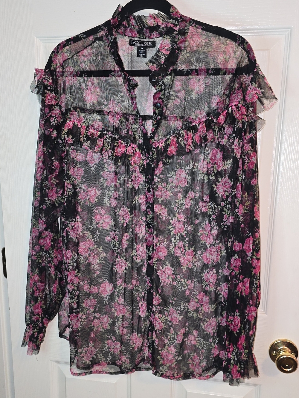 Rouge Black Sheer Blouse with Pink Floral Print and Ruffle Yoke